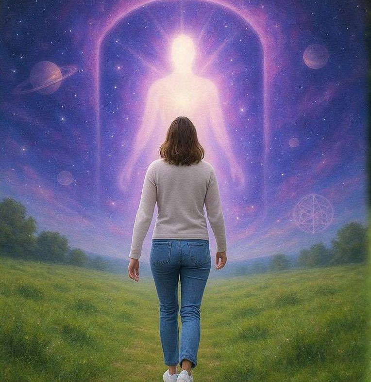 QHHT Dublin session woman walking through peaceful Irish landscape toward Higher Self, surrounded by stars and light.